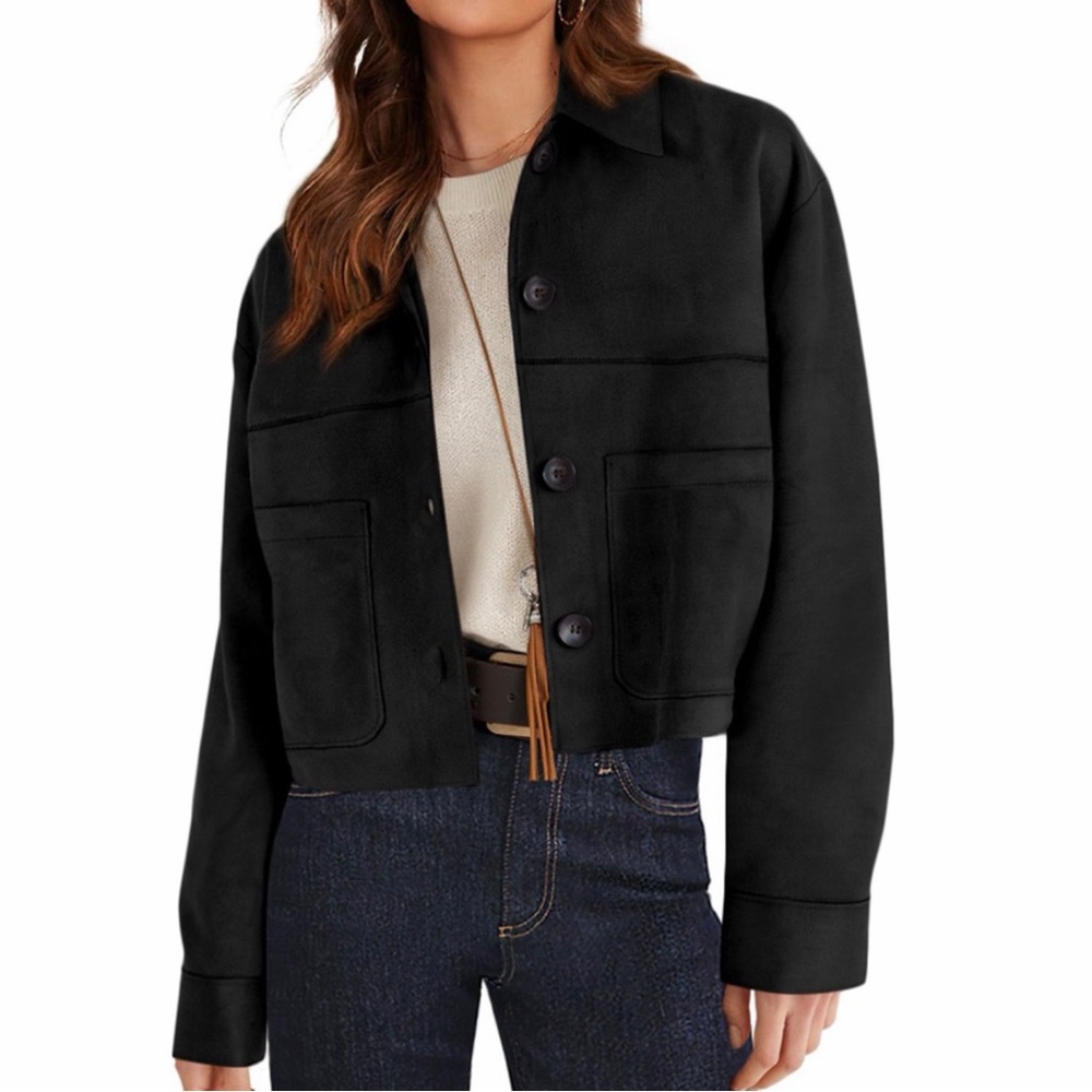 Black Faux Suede Jacket Women's Large Dark Academia Grunge Casual Button School
